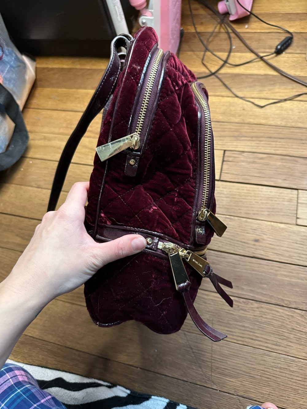 Michael Kors Quilted Velvet Wine Backpack with Gold Hardware - Picture 11 of 12